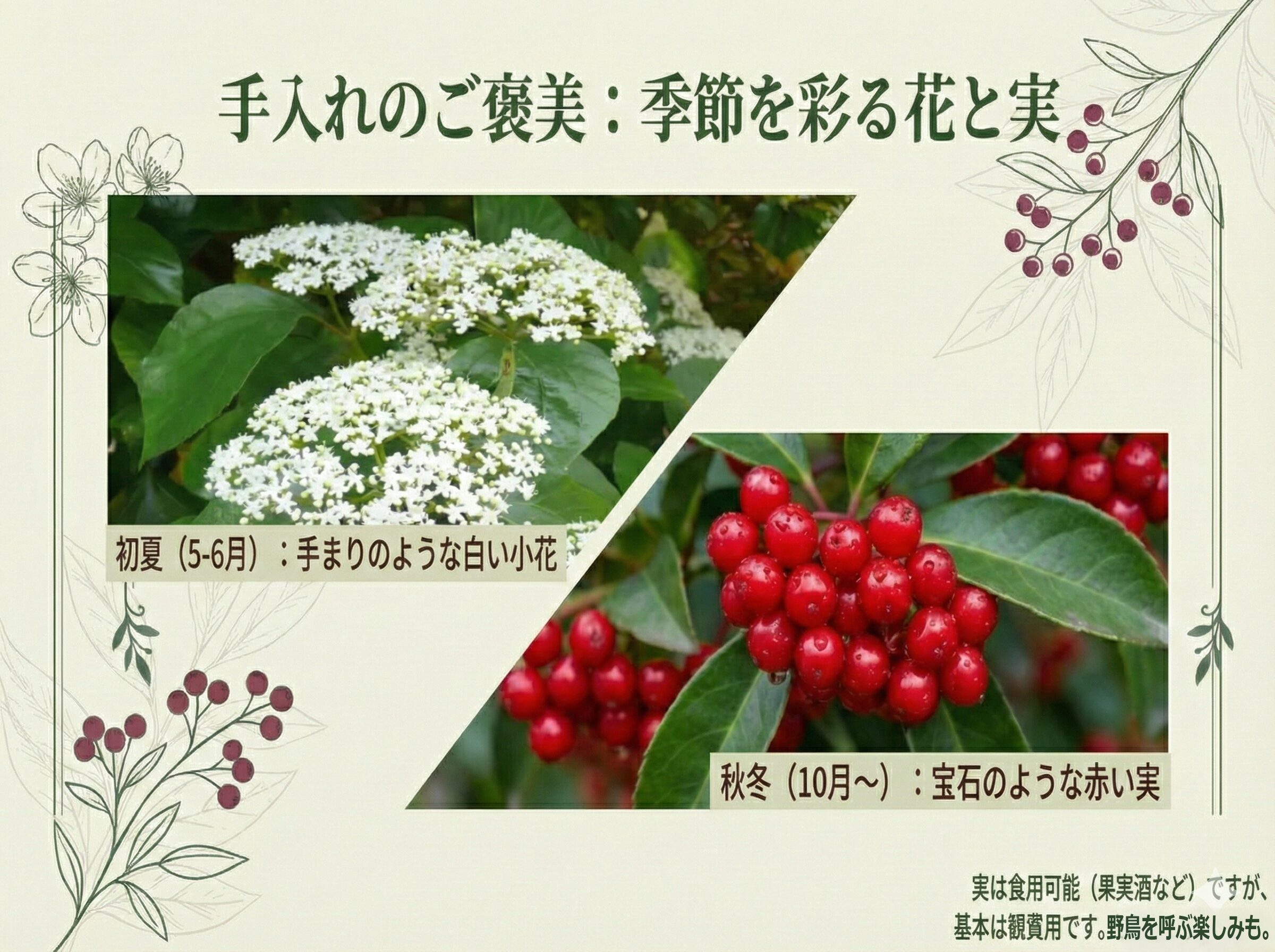 たわわに実った鮮やかな赤い実の写真と、白い小花のイラスト。「手入れのご褒美：季節を彩る花と実」というキャッチコピーのスライド