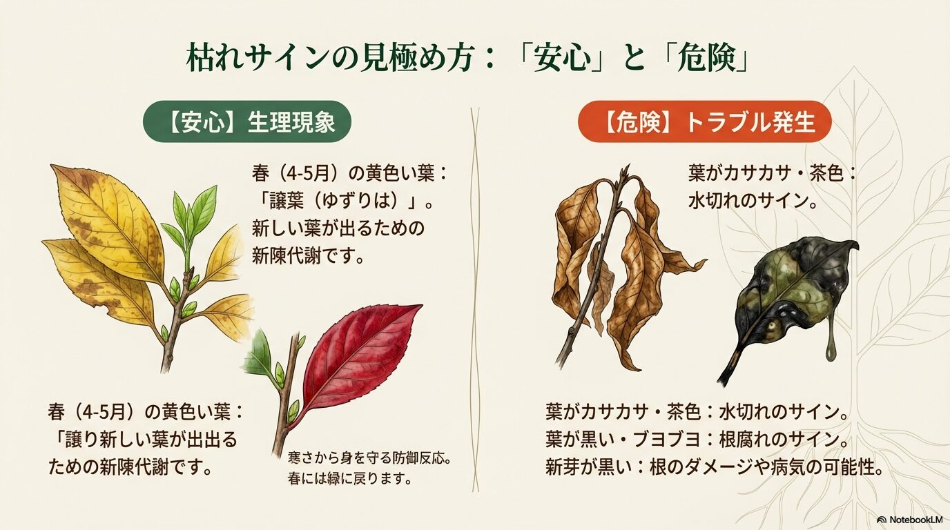 黄色い葉（生理現象・譲葉）、赤い葉（紅葉・防御反応）、茶色く縮れた葉（水切れ）、黒ずんだ葉（根腐れ）のイラストとそれぞれの症状解説