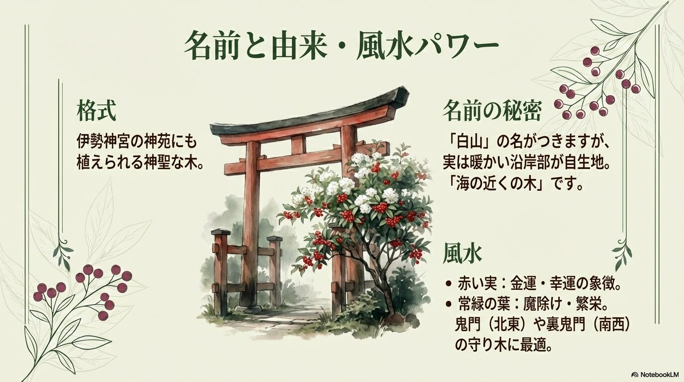 神社の鳥居の横に植えられたハクサンボクのイラスト。「名前と由来・風水パワー」「伊勢神宮の神苑にも植えられる神聖な木」という解説スライド