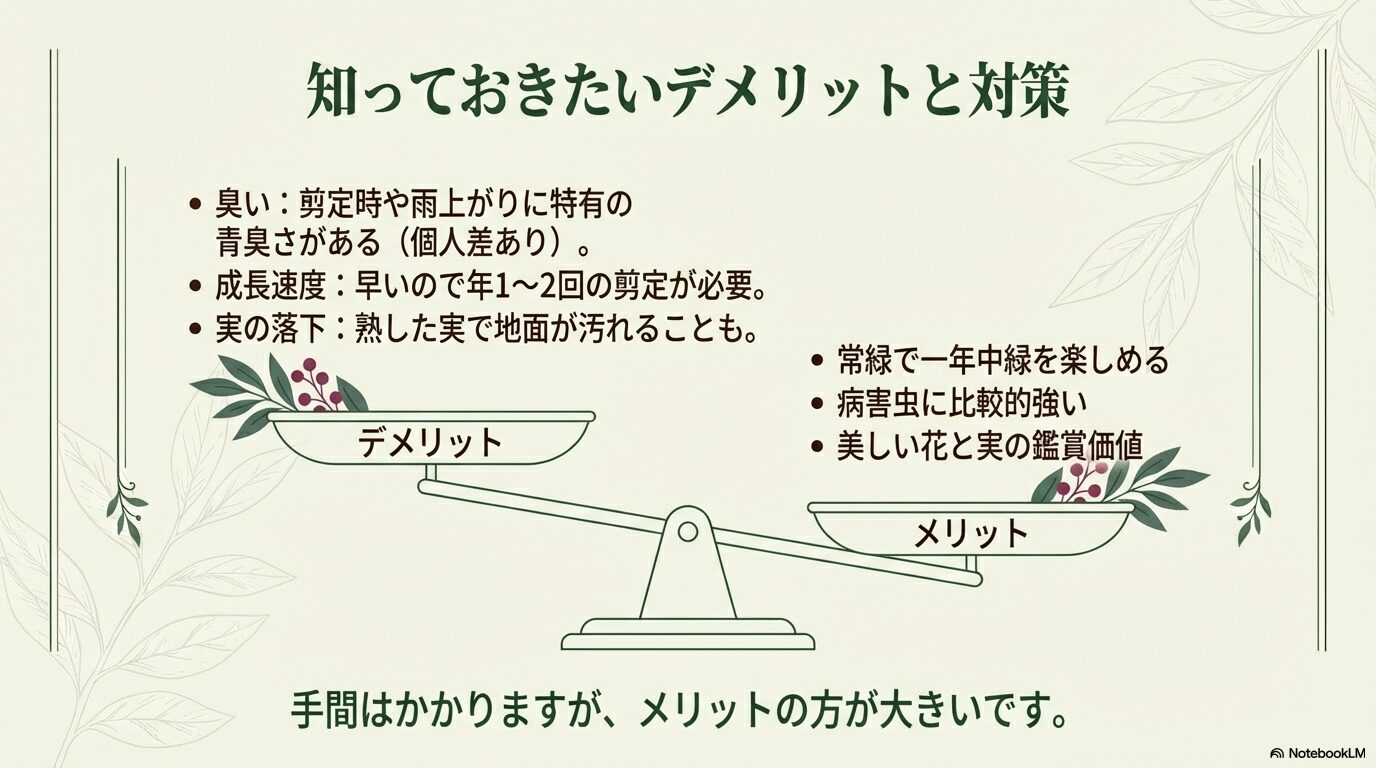 臭い、成長速度、実の落下といったデメリットと、常緑、病害虫への強さ、観賞価値といったメリットを対比させたスライド