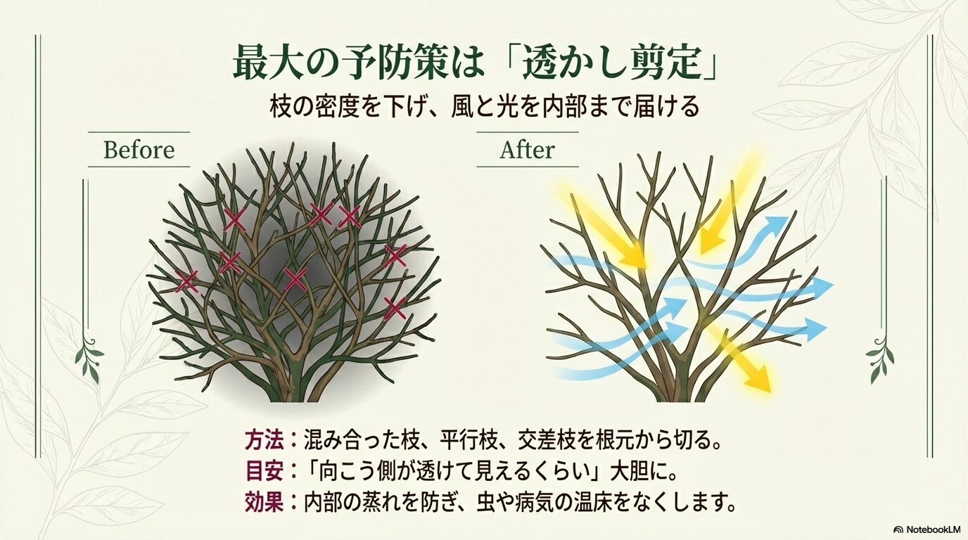枝が混み合った剪定前の木と、透かし剪定をして風通しが良くなった剪定後の木のイラスト。「最大の予防策は透かし剪定」という解説スライド