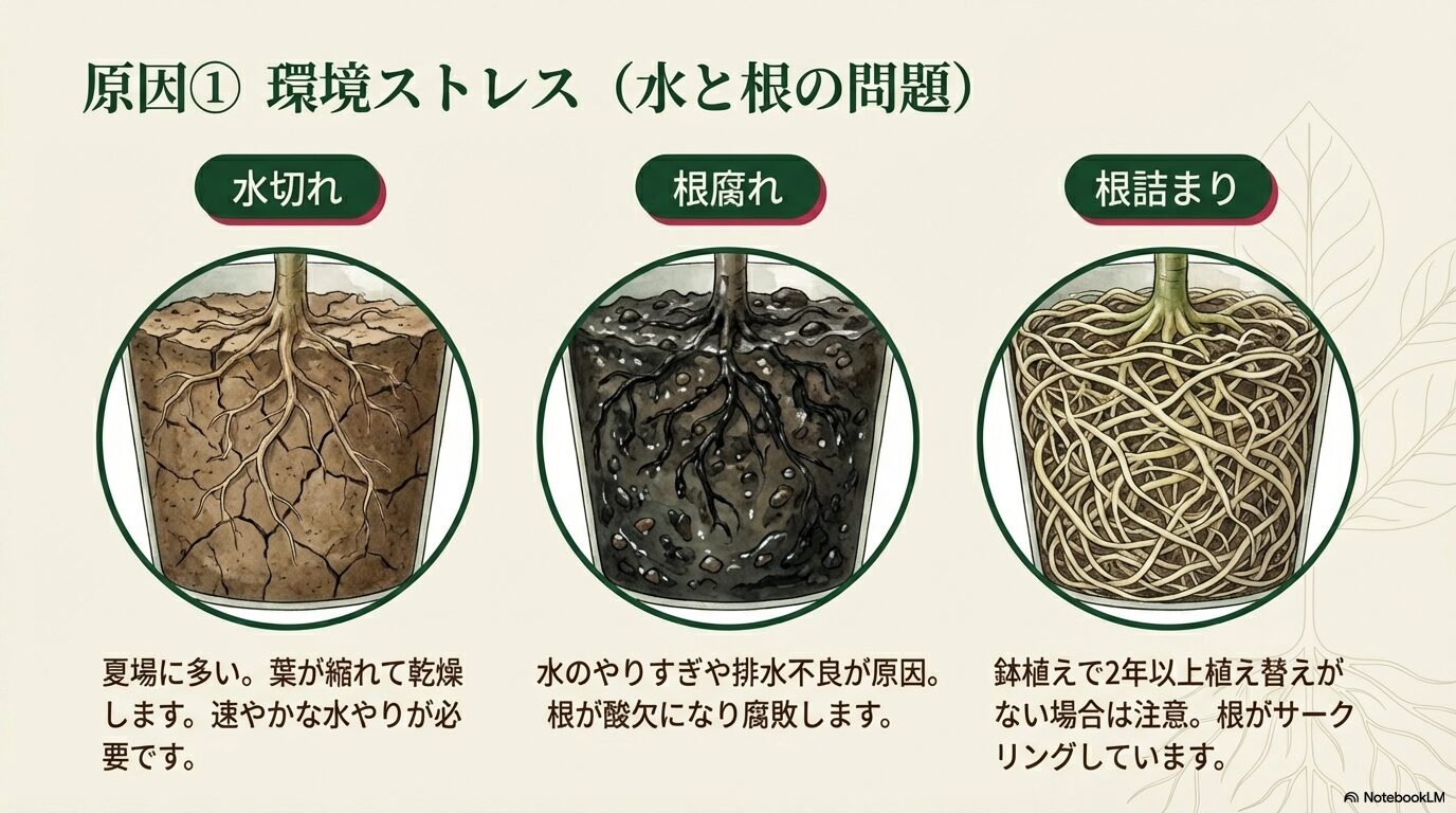 鉢植えの断面図イラスト。乾燥した土壌（水切れ）、湿った土壌（根腐れ）、根が回った状態（根詰まり）を示し、それぞれの原因と対策を解説したスライド