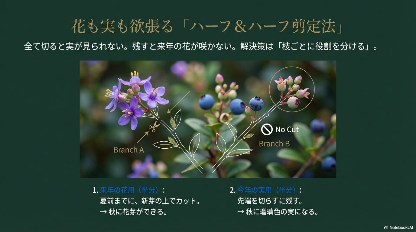 来年の花を咲かせるための枝と今年の実を楽しむための枝を分けて切る、常山アジサイのハーフ＆ハーフ剪定テクニック