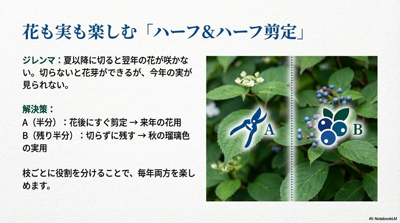 来年の花を咲かせるための剪定枝と、秋に瑠璃色の実を楽しむために残す枝を分けるハーフ＆ハーフ剪定法