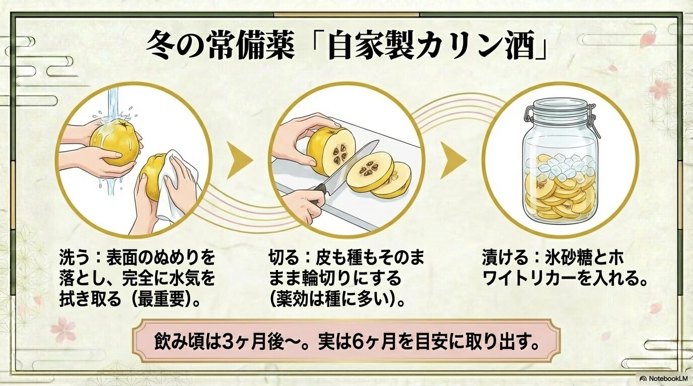 カリン酒作りの重要ポイント（水気を拭く・種ごと漬ける）を視覚的に復習できます。