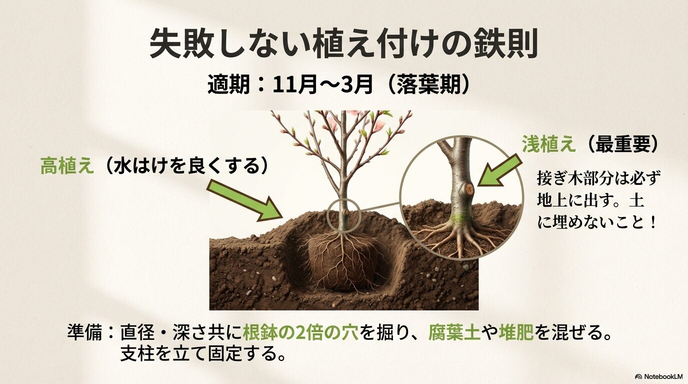 桃の木の植え付け手順図解。適期、高植え、浅植えのポイントと接ぎ木部分の注意点。