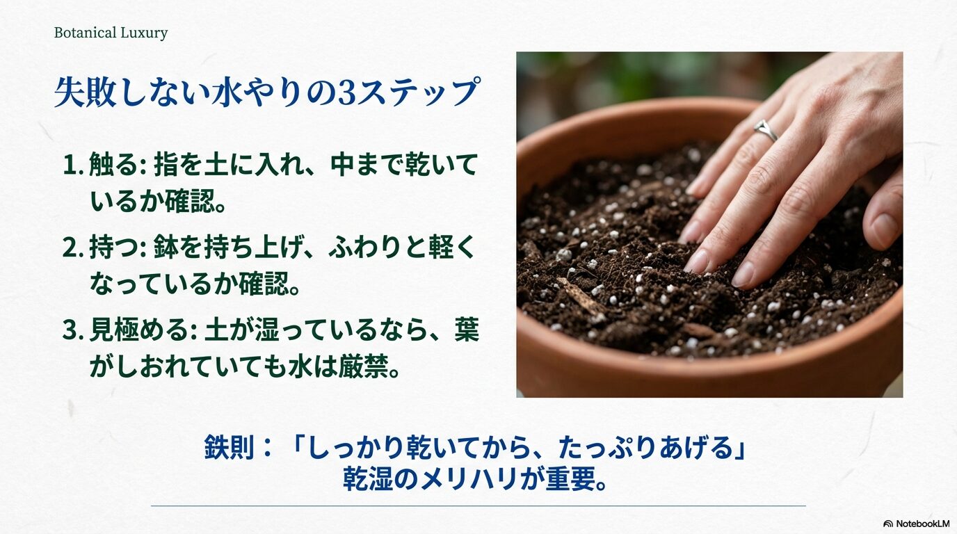 乾湿のメリハリをつけるための、触る・持つ・見極めるという水やりの基本3ステップ