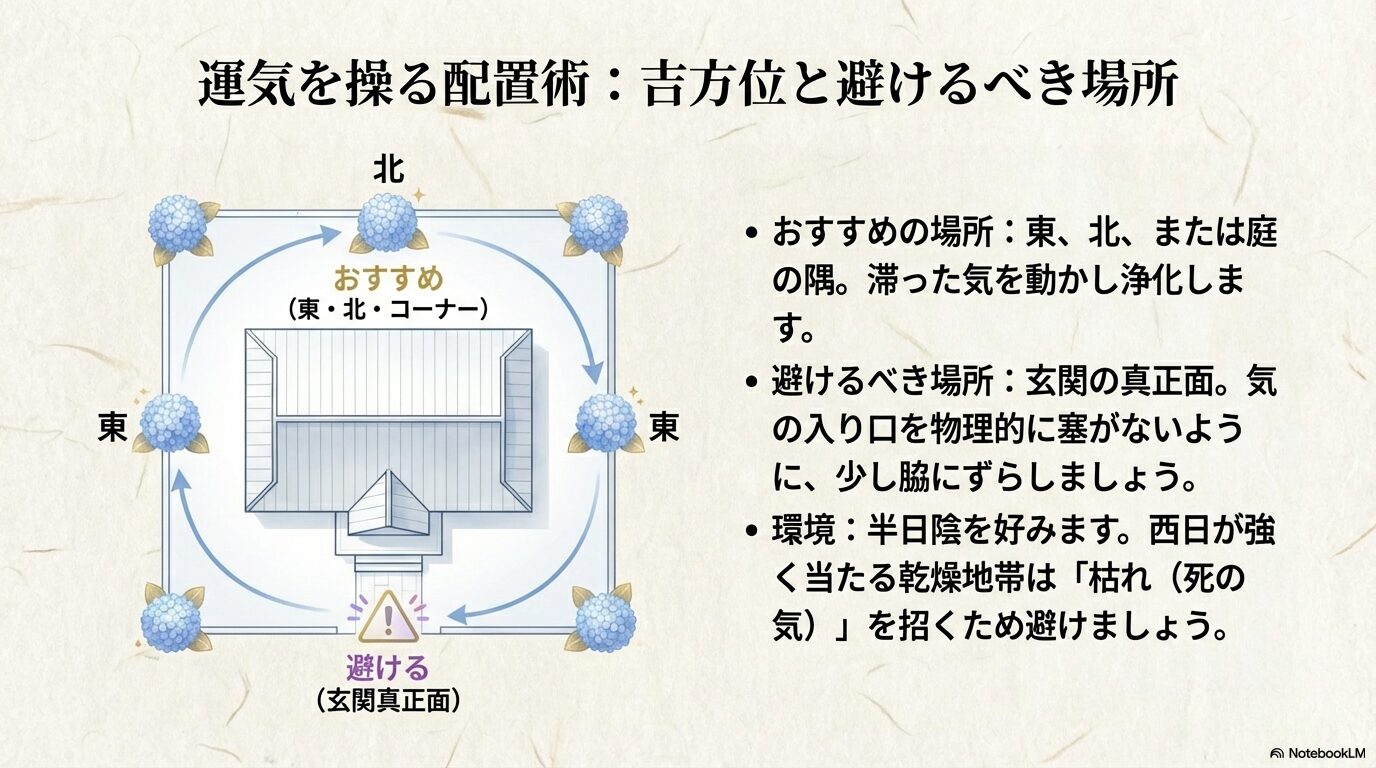 紫陽花の吉方位（東・北・コーナー）と避けるべき場所の図解