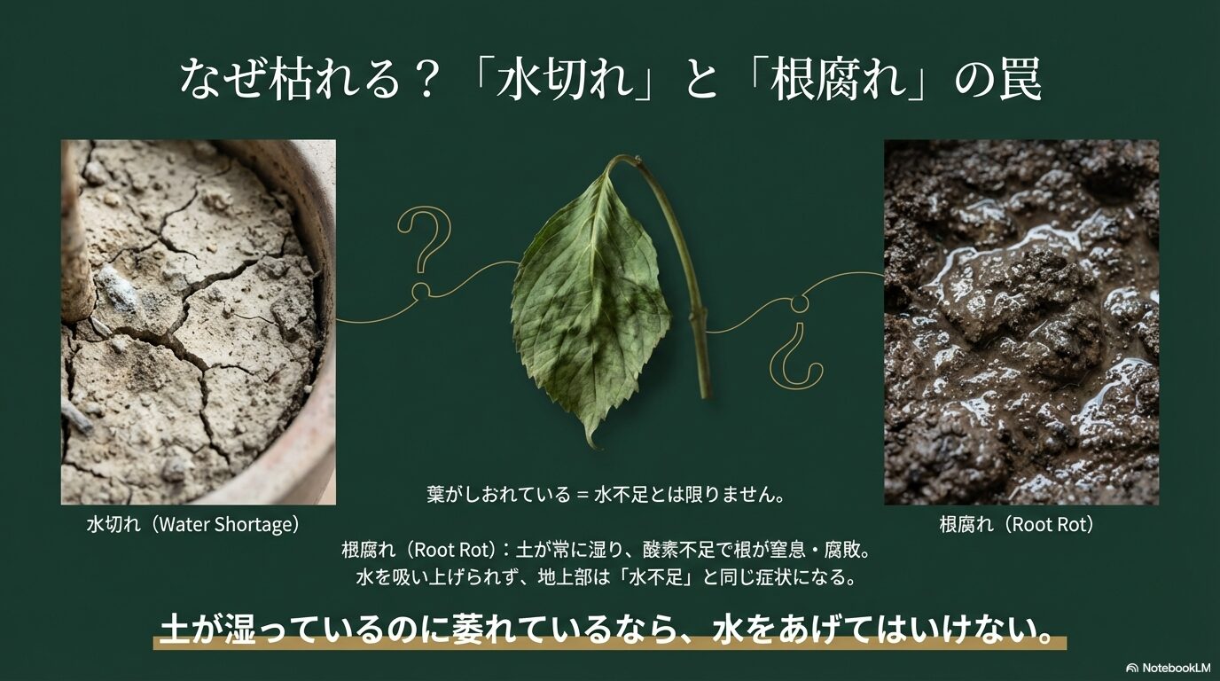 葉がしおれる原因としての「水切れ」と「根腐れ」の違い。土が湿っているのに萎れる根腐れの罠