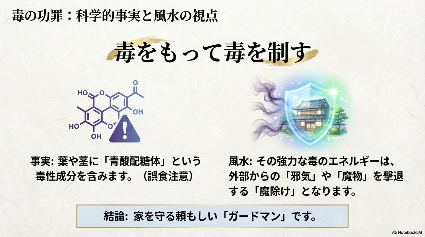 紫陽花の毒性と魔除けとしての風水効果の解説図