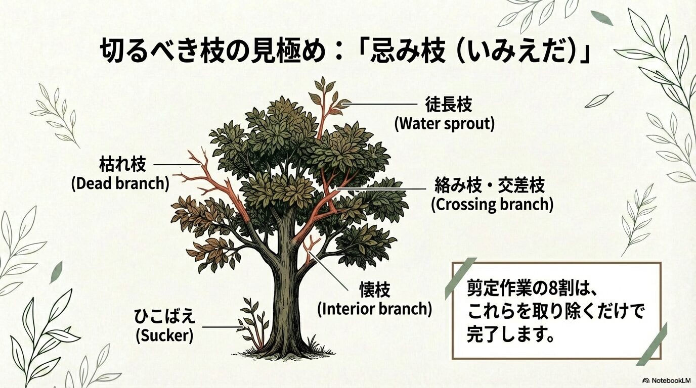 切るべき枝の見極め方・枯れ枝や徒長枝など忌み枝の種類イラスト一覧