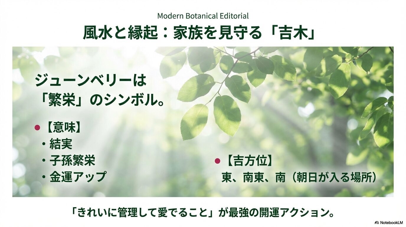 ジューンベリーが繁栄のシンボルとされる風水的な意味とおすすめの吉方位(東・南東・南)