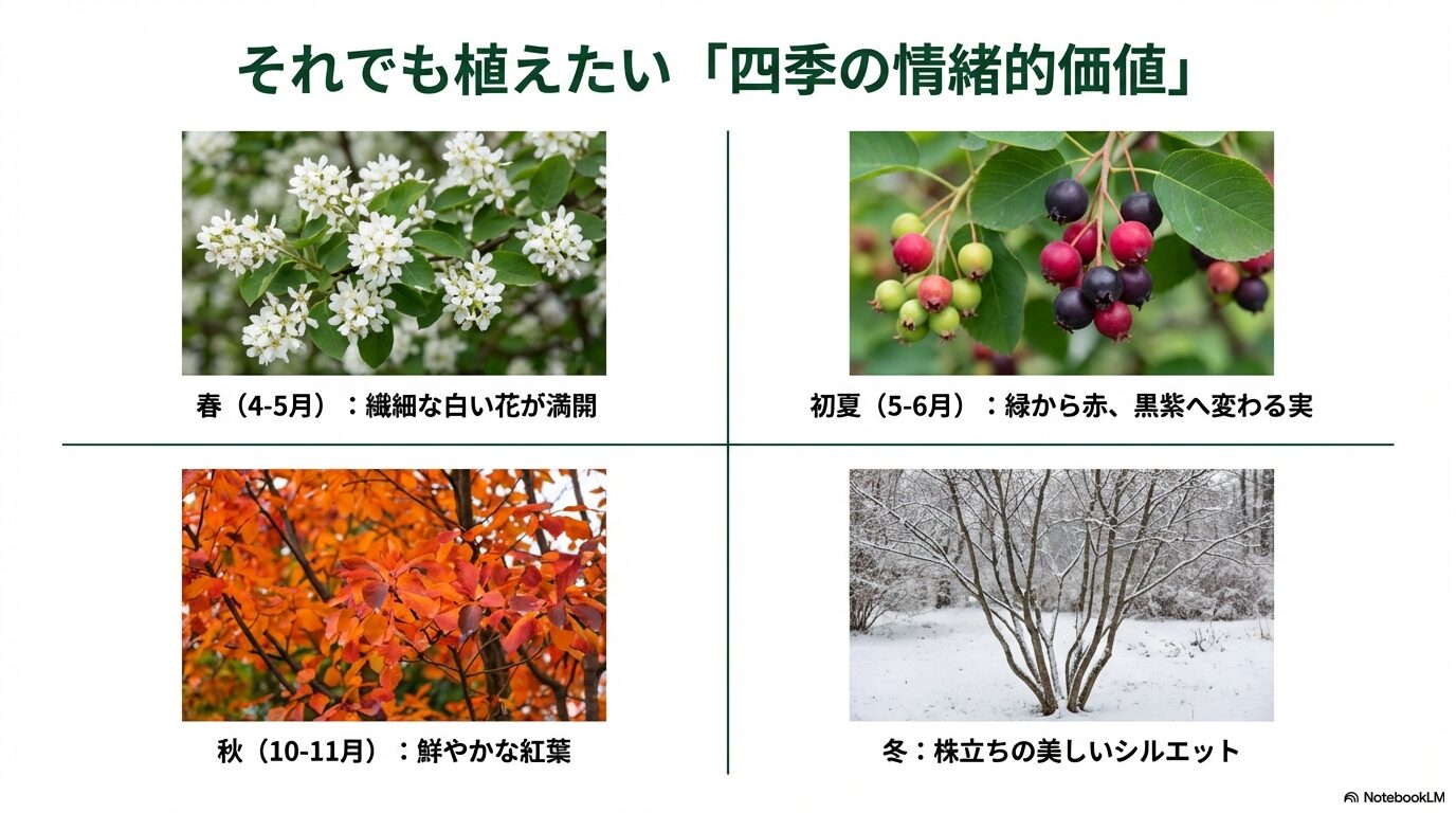 ジューンベリーの春の花、初夏の実、秋の紅葉、冬の樹形といった四季折々の魅力