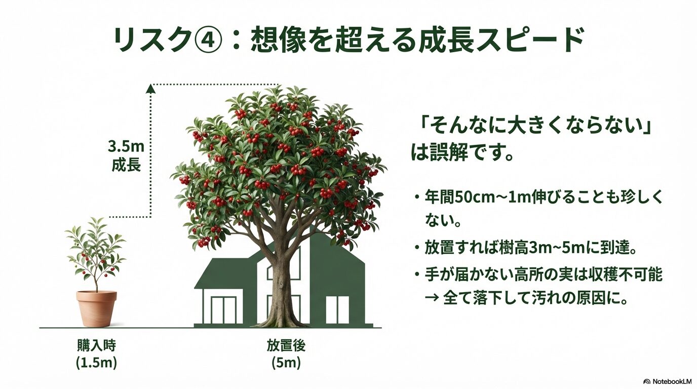 ジューンベリーの購入時の苗木サイズと放置した場合の数年後の樹高比較図