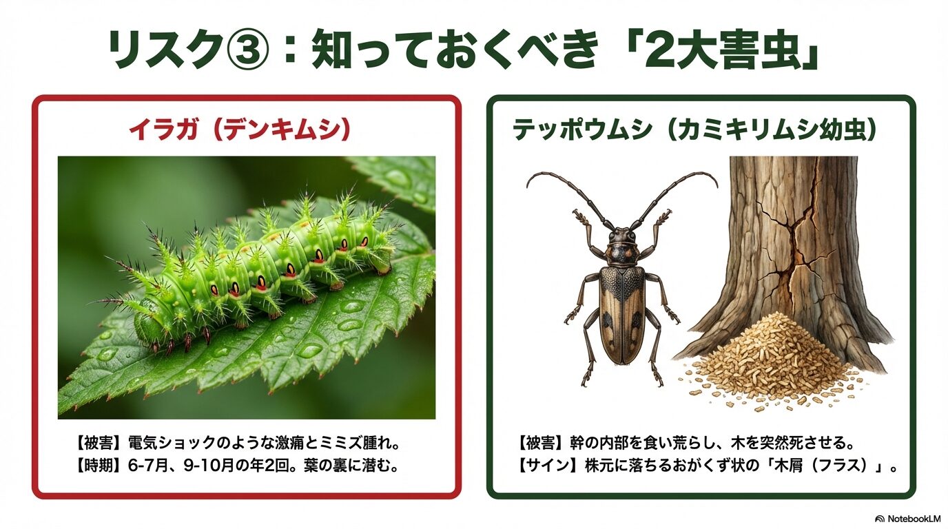 ジューンベリーにつく危険な害虫イラガ(電気虫)と木を枯らすテッポウムシ(カミキリムシ幼虫)の特徴と被害