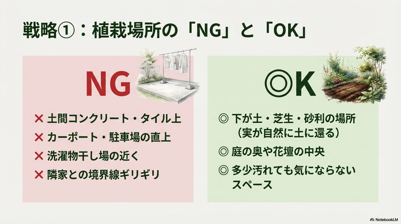 ジューンベリーを植えてはいけない場所(駐車場・タイル)と植えてもよい場所(土・芝生)のゾーニング戦略