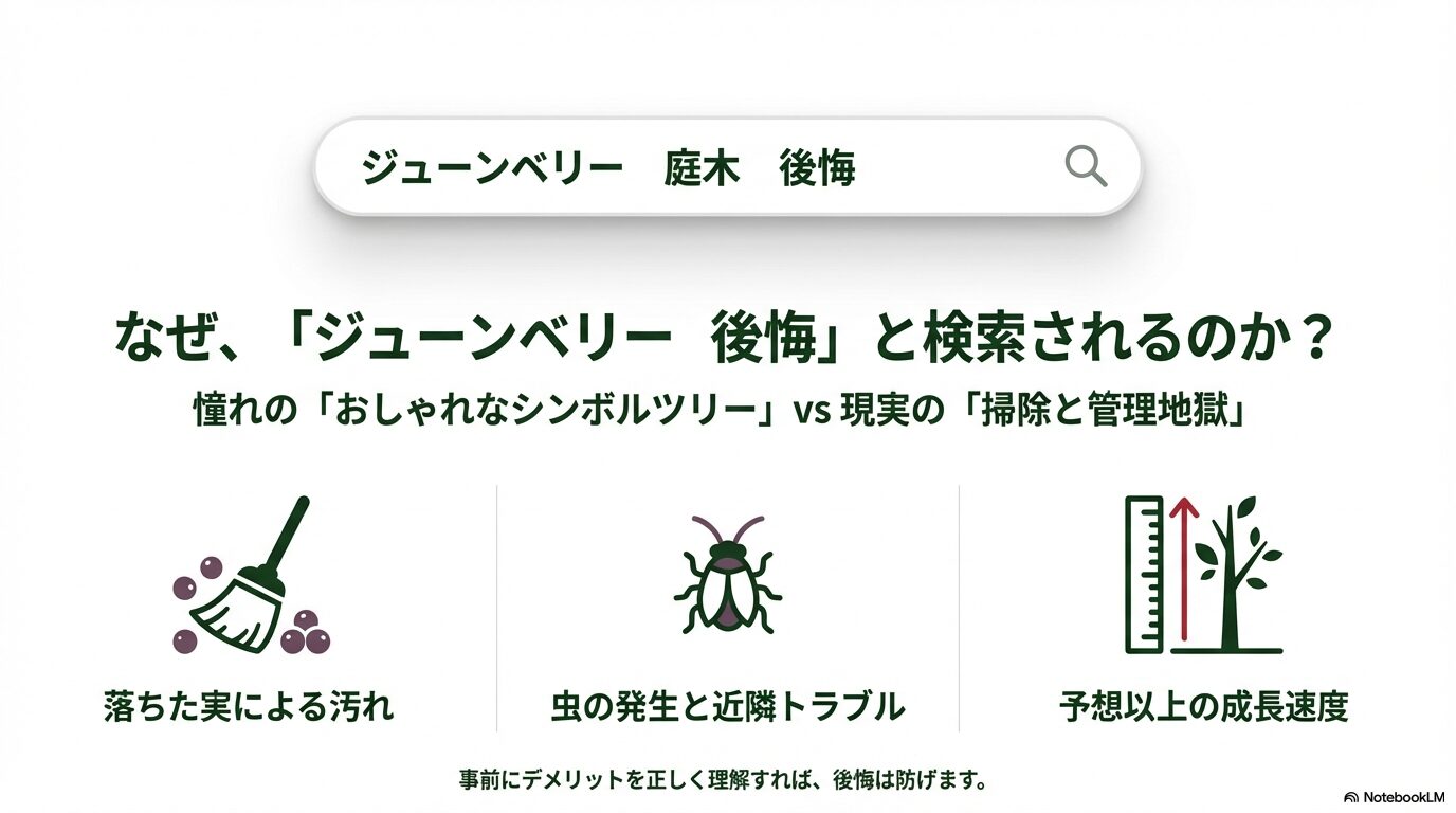ジューンベリーの庭木がおしゃれなシンボルツリーとしての憧れと掃除や管理の大変さという現実のギャップで後悔される理由
