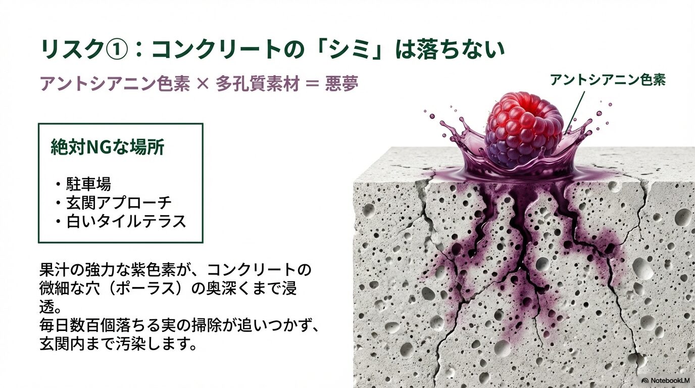 ジューンベリーの実のアントシアニン色素が多孔質のコンクリートに浸透して落ちないシミになるメカニズム