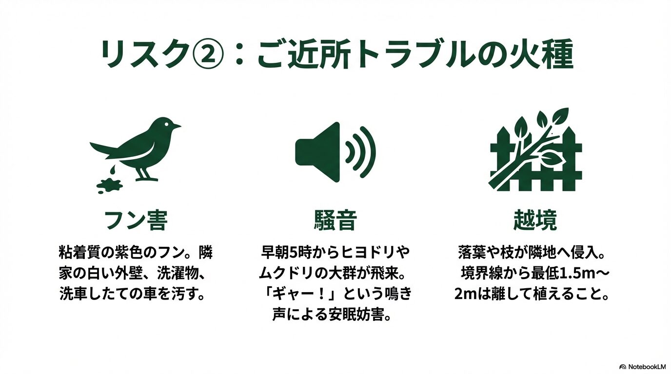ジューンベリーの実による鳥のフン害、騒音、枝の越境によるご近所トラブルのリスク