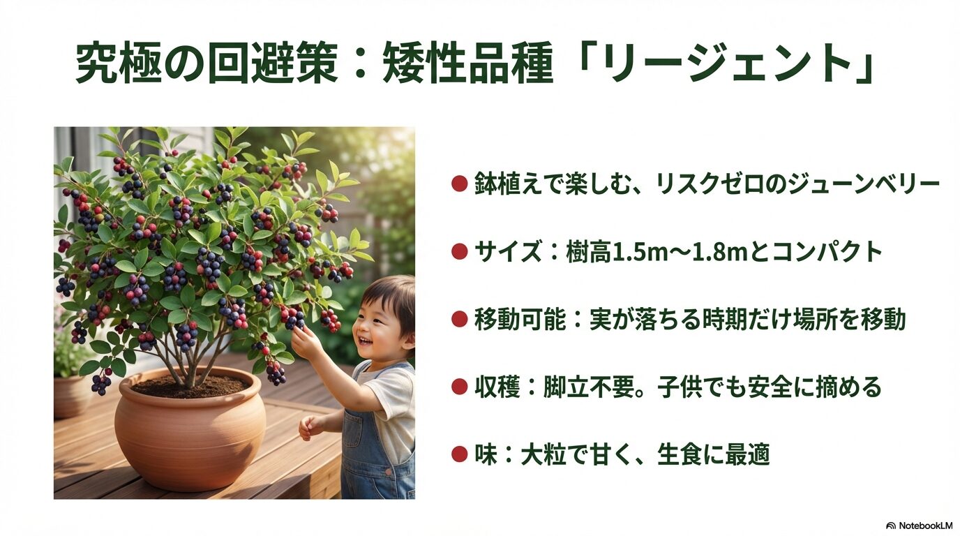 樹高が低くコンパクトに育つ鉢植えにおすすめの矮性品種ジューンベリー・リージェントの特徴