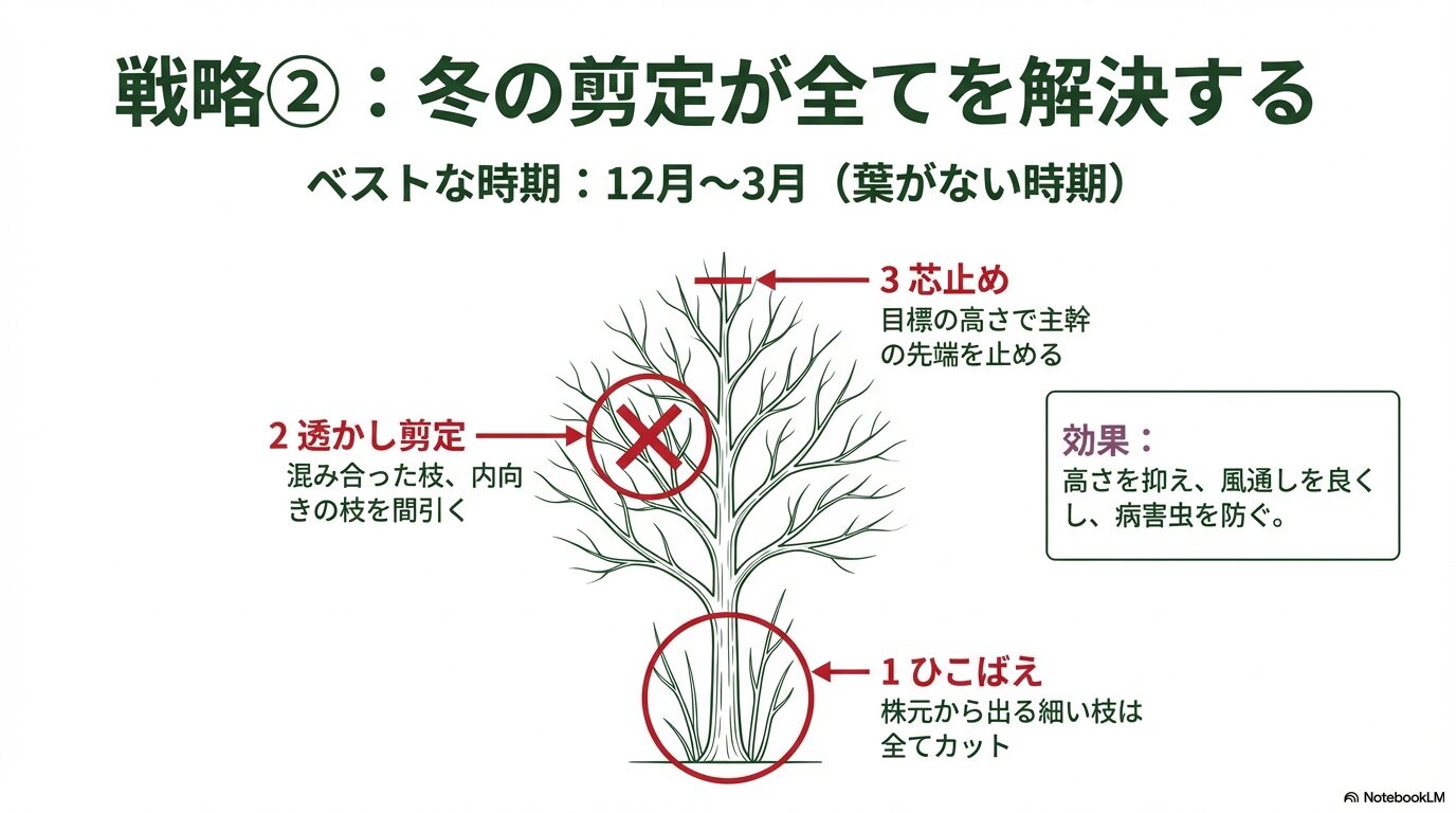 ジューンベリーのひこばえ整理、透かし剪定、芯止めの方法を解説した冬の剪定図解
