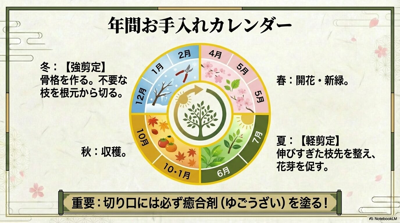 具体的な剪定の話に入る前に、年間カレンダーを見せることで、読者がスケジュールの全体像を把握できます。