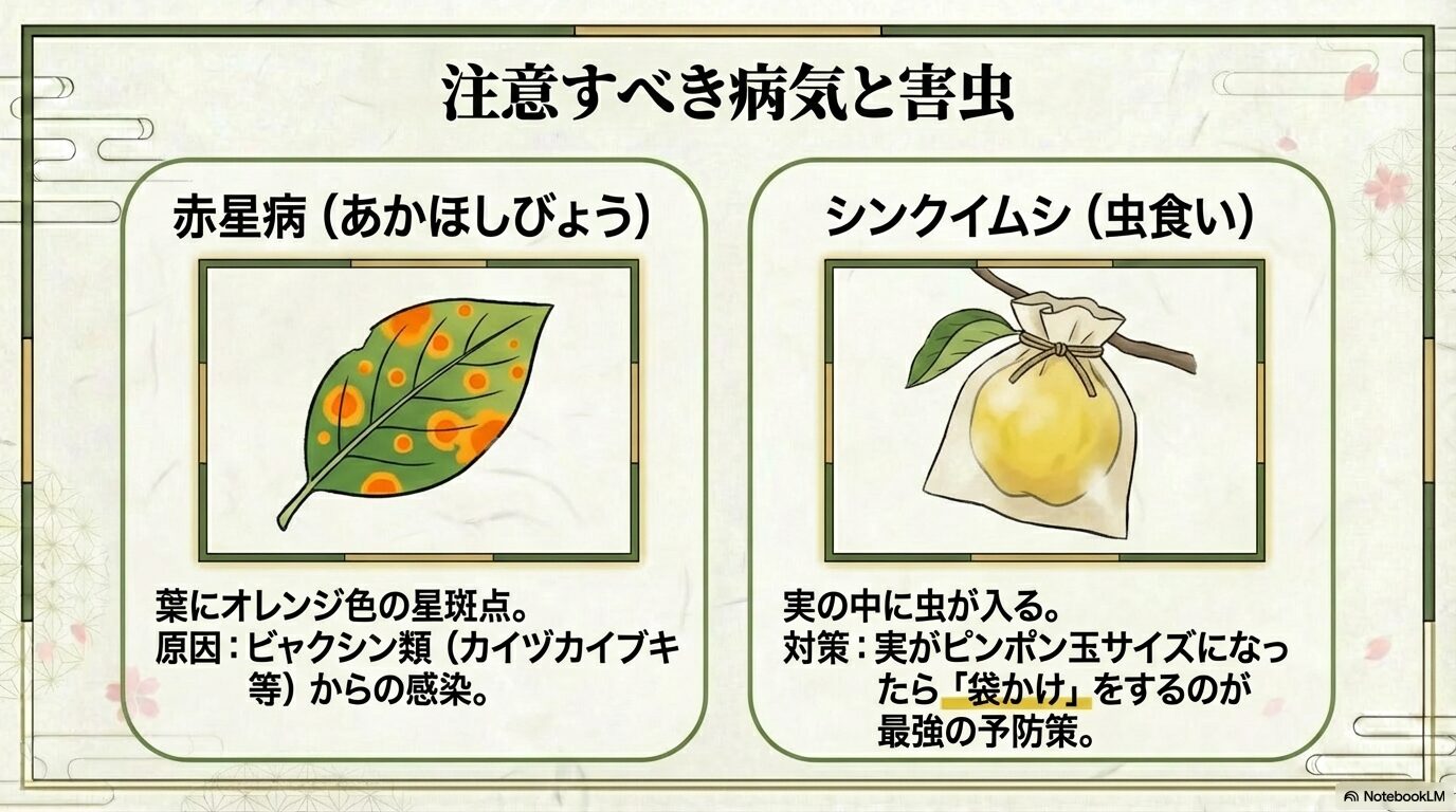 赤星病の特徴的な見た目と、シンクイムシ対策の袋かけのイラストを提示し、注意喚起を行います。