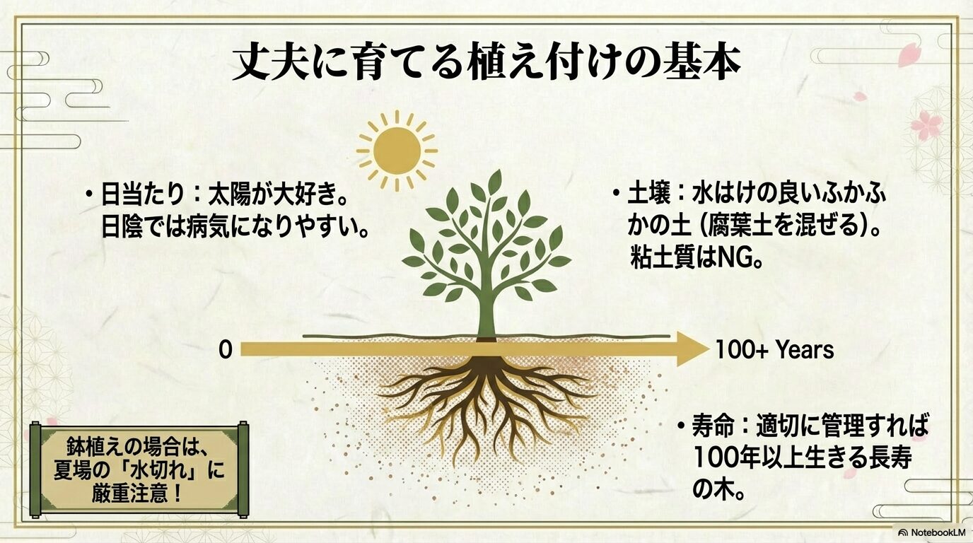 植え付けの要点（日当たり・土壌）と、100年以上生きるという寿命のイメージを補完します。