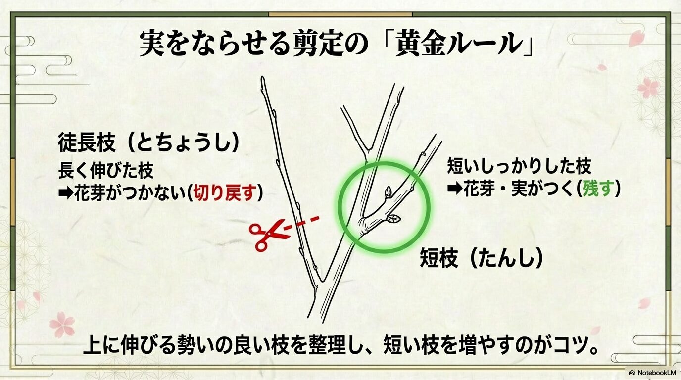 剪定で最も重要な「徒長枝」と「短枝」の違いを図解で示します。これは文章だけでは伝わりにくい最重要ポイントです。
