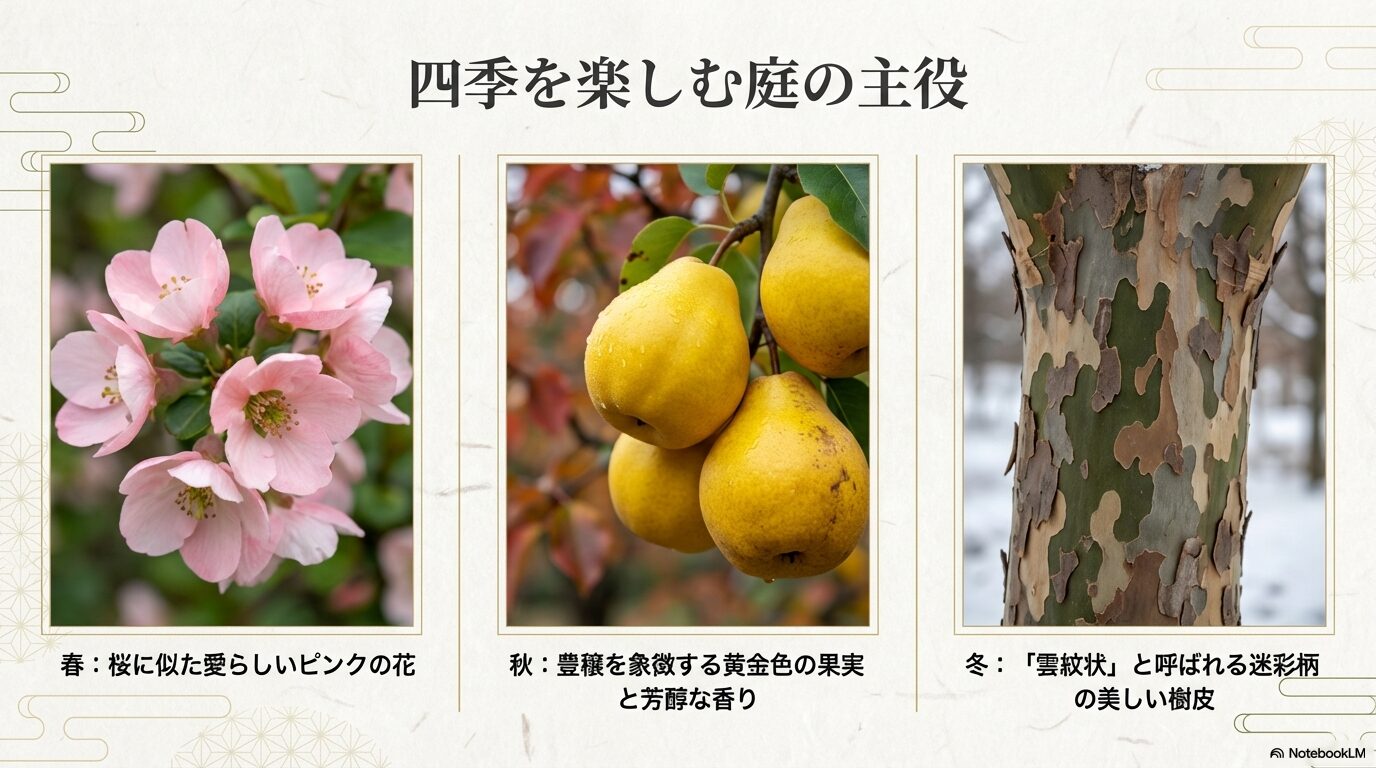 記事の冒頭で、カリンの花・実・樹皮（雲紋状）のビジュアルを一度に見せることで、読者の興味を惹きつけます。