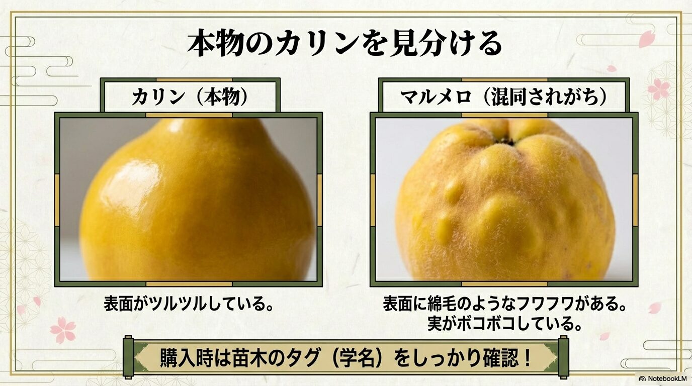 マルメロとカリンの違いは言葉だけでは伝わりにくいので、比較画像をボックス内に入れることで決定的な証拠となります。