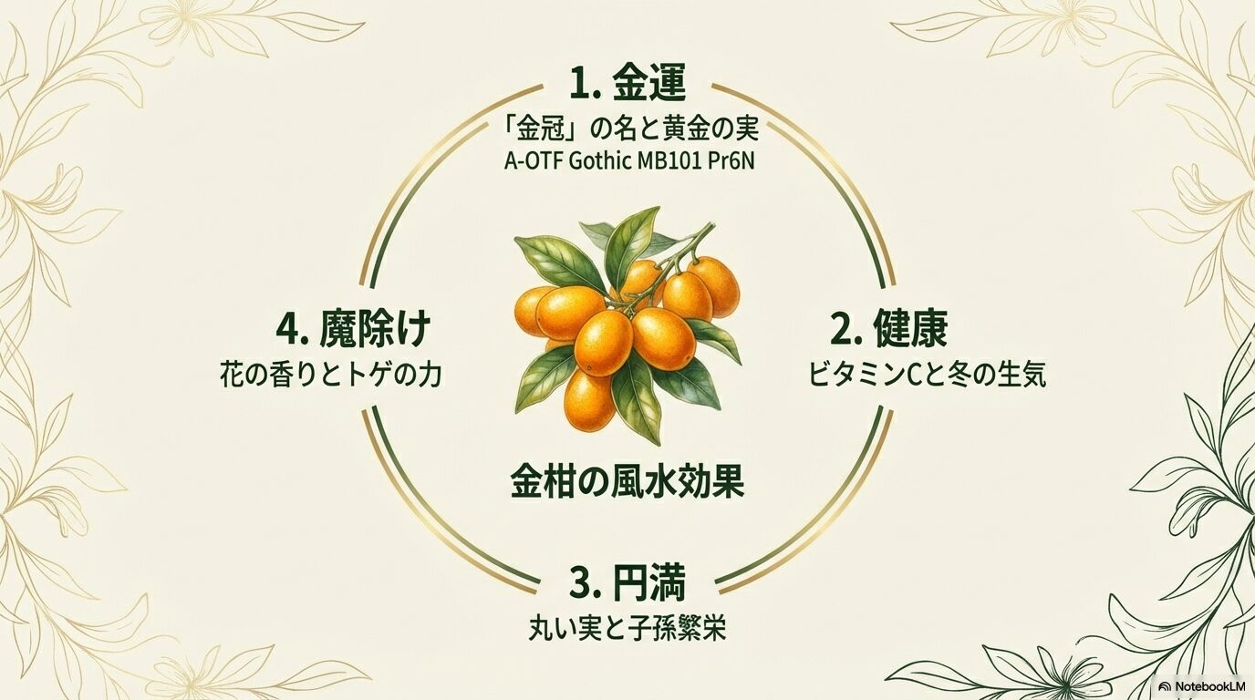 金柑が持つ4つの風水効果まとめイラスト。1.金運（黄金の実）、2.健康（ビタミンC）、3.円満（丸い実）、4.魔除け（香りとトゲ）。