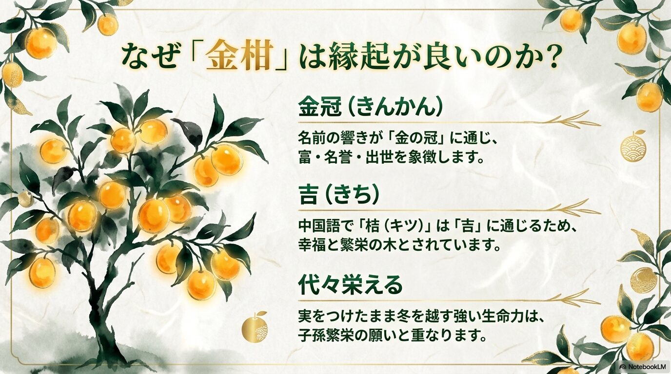 金柑（キンカン）が縁起が良いとされる理由。名前が「金冠」に通じ、中国語で「吉」に通じることや、代々栄える子孫繁栄の意味を図解。