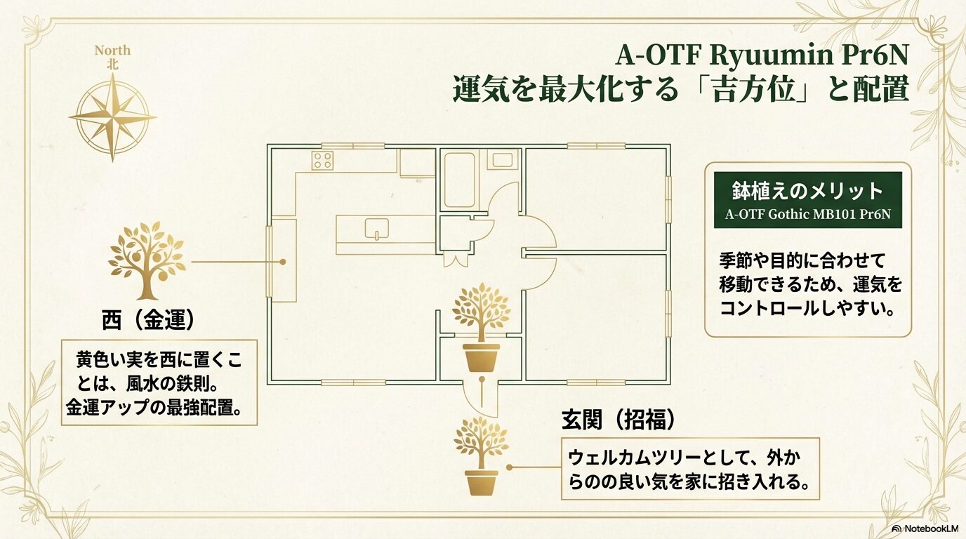 金柑の鉢植えを置くべきおすすめの吉方位。金運アップの「西」と招福の「玄関」の配置図と、移動できる鉢植えのメリット。