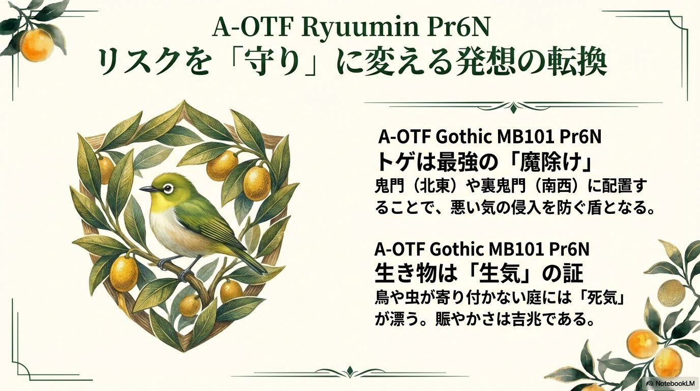 金柑のトゲは魔除けになり、集まる野鳥（メジロなど）は庭に生気がある証拠であるという風水的な発想の転換図。