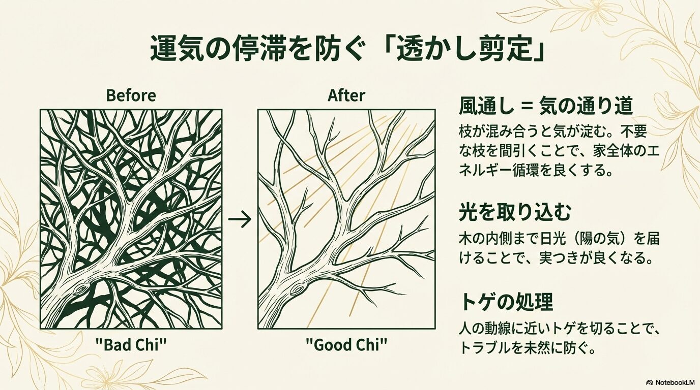 運気の停滞を防ぐ金柑の透かし剪定。枝が混み合った「Bad Chi」の状態から、風通しを良くして「Good Chi」を呼び込む剪定後のイラスト比較。