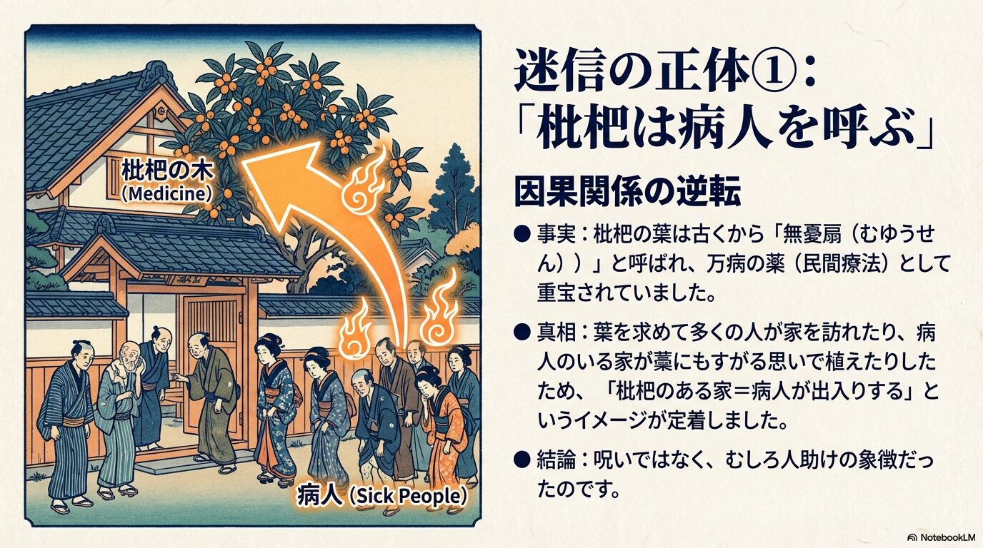枇杷が病人を呼ぶという迷信は因果関係の逆転である解説。古くから民間薬として重宝され、病人が葉を求めて集まったことが由来。