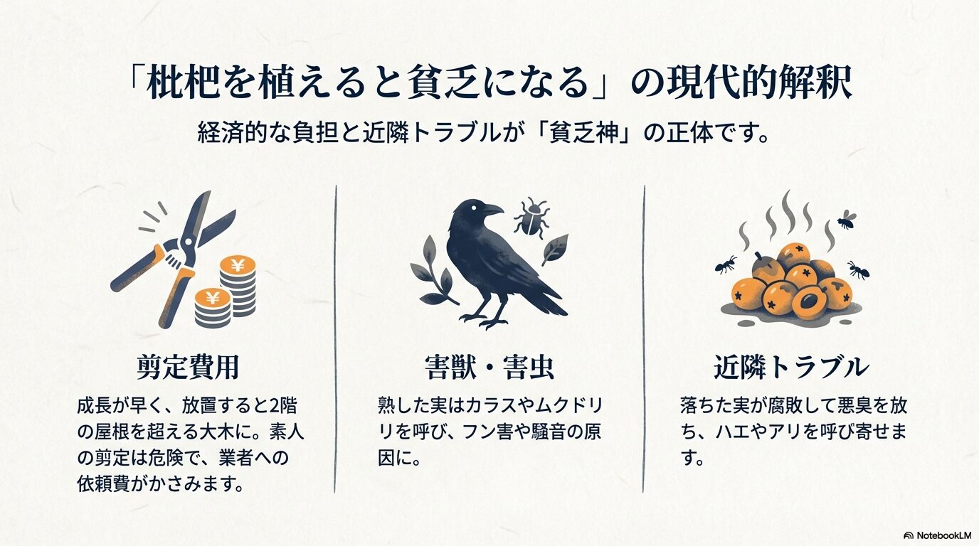 剪定費用の負担や害獣・害虫による近隣トラブルなど、枇杷の木が引き起こす経済的なデメリットについての解説。