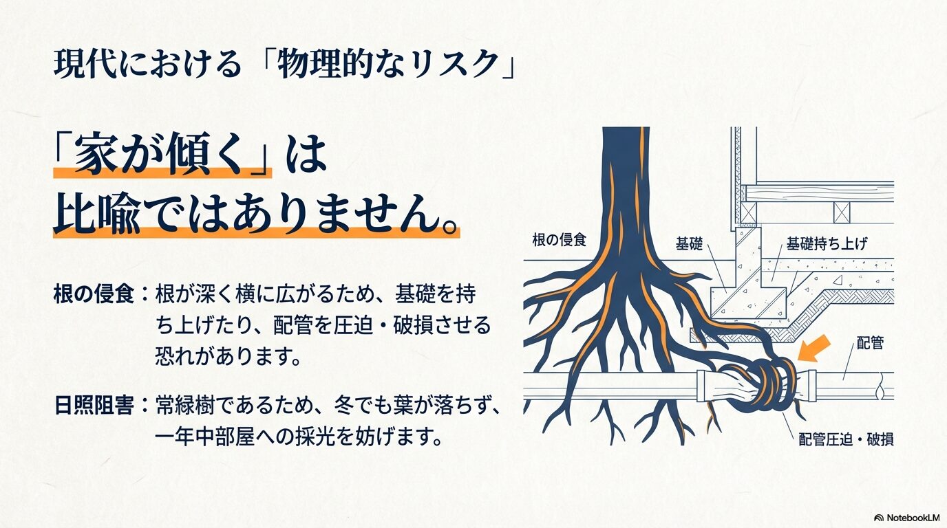 枇杷の木を庭に植える物理的なリスク。根の侵食による基礎の持ち上げや配管の破損、常緑樹による日照阻害についての図解。