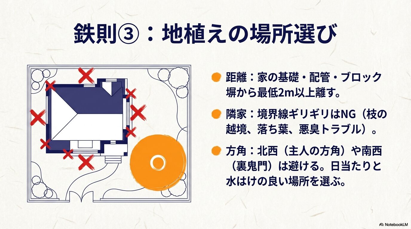枇杷を地植えする際に守るべき距離（家から2m以上）、隣家との境界線の注意点、避けるべき方角についての解説。