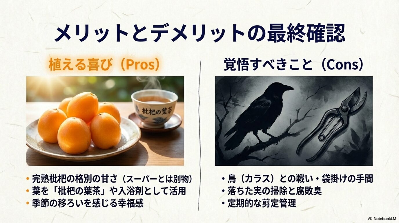 枇杷を植える喜び（完熟果実や葉の活用）と、覚悟すべきこと（鳥害、掃除、剪定管理）の比較リスト。