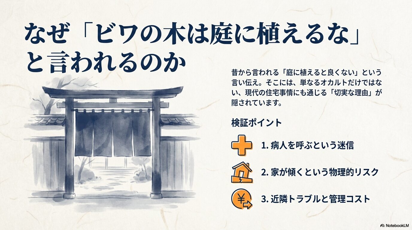 ビワの木を庭に植えてはいけないと言われる理由の検証ポイント。1.病人を呼ぶ迷信、2.家が傾く物理的リスク、3.近隣トラブルと管理コストについて。