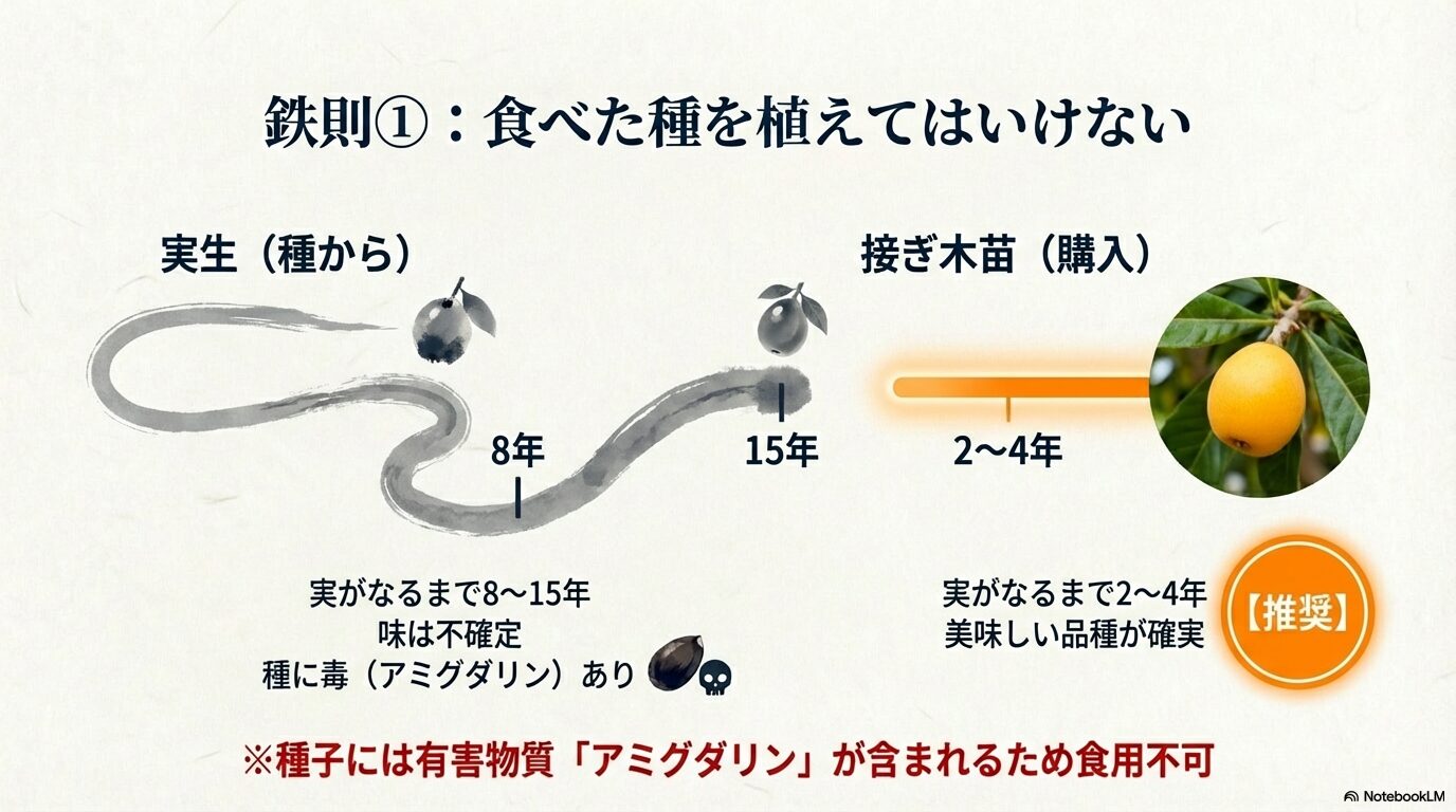 枇杷を種から育てた場合（実生）と接ぎ木苗で購入した場合の実がなるまでの年数と、種の毒性（アミグダリン）についての比較表。