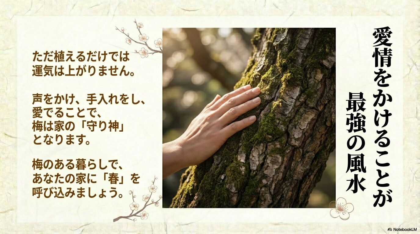 ただ植えるだけでなく、声をかけ手入れをして愛でることで梅が家の守り神になるというメッセージ画像