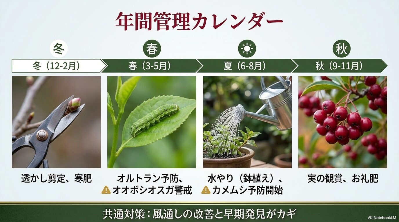 冬の剪定、春の予防、夏の見回り、秋の対策をまとめたマユミの年間管理スケジュール表