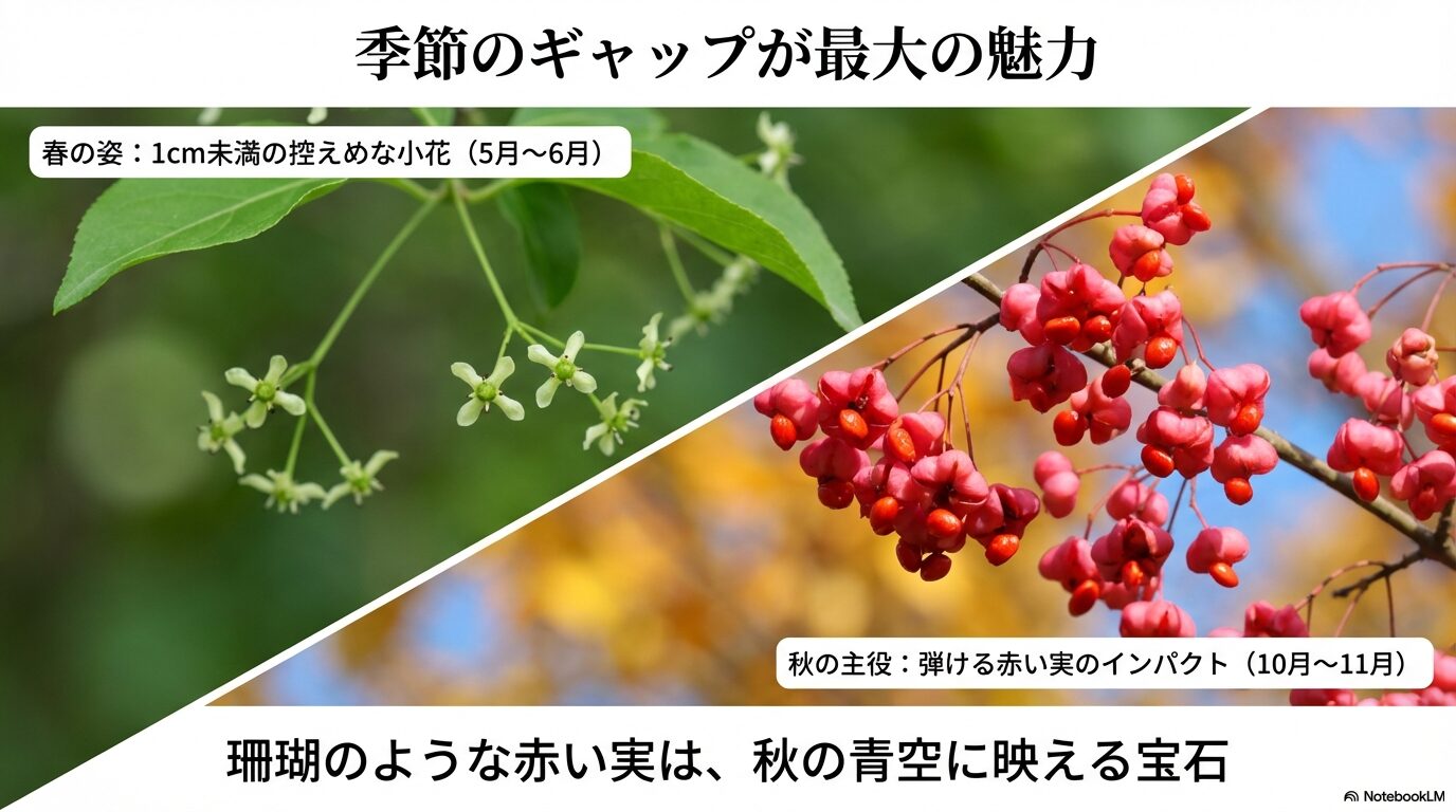 5月〜6月に咲くマユミの控えめな小花と、10月〜11月に実る鮮やかな赤い実の比較写真