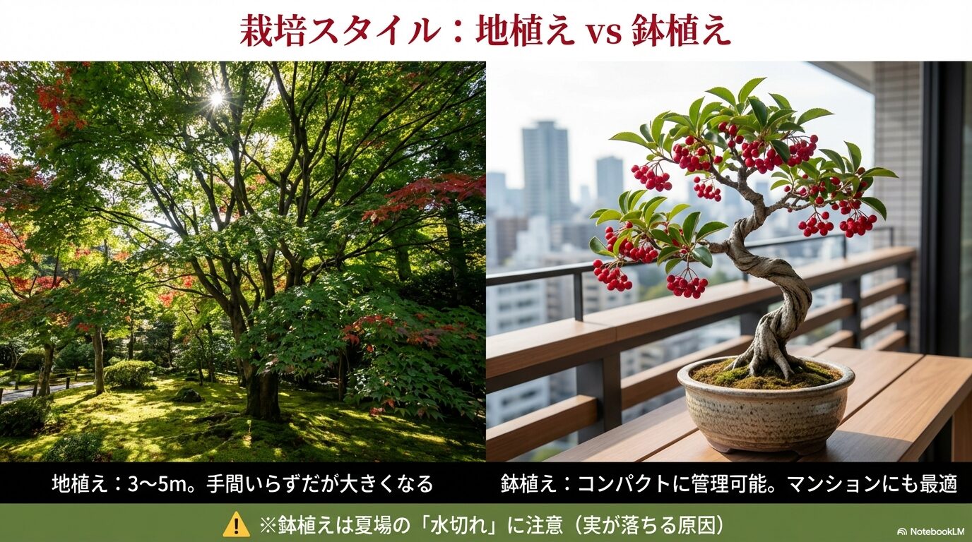 マユミを地植えする場合と鉢植えにする場合の成長サイズや管理の違い、水切れへの注意点