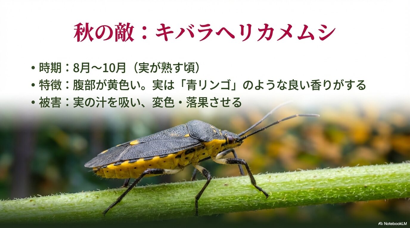 腹部が黄色いキバラヘリカメムシの特徴と、青リンゴのような香りがする生態についての解説