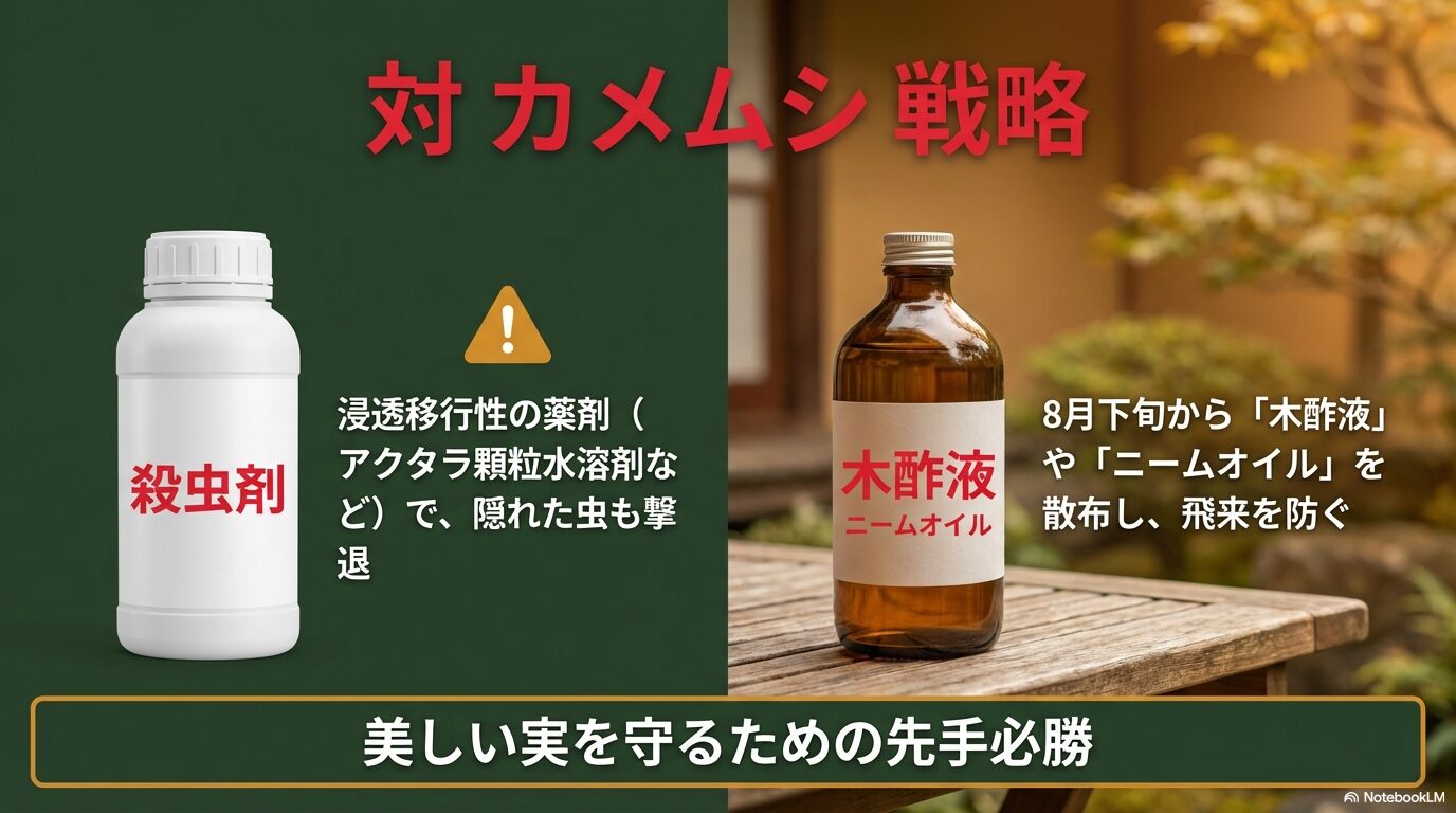 アクタラ顆粒水溶剤などの浸透移行性薬剤と、木酢液やニームオイルを使用したカメムシ予防策
