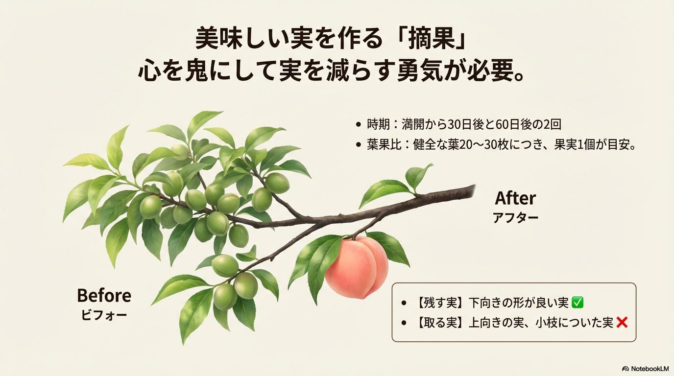 桃の摘果（間引き）作業のビフォーアフター図。残すべき実と取り除くべき実の基準、葉果比の目安を解説。
